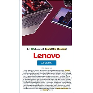 Capital One Shopping 30% Cash Back at Lenovo - Legion 5 Gen 7 6600H + RTX 3060 - $811.29 after 5% off and 30% cash back (YMMV may be targeted)