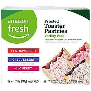 12 count Amazon Fresh - Toaster Pastries Variety Pack (Strawberry, Blueberry, Cherry): $2.14 or lower w/S&S