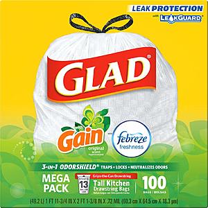 Glad Tall Kitchen Drawstring Trash Bags - OdorShield 13 Gallon White Trash Bag, Gain Original with Febreze Freshness - 100 Count: As low as $9 w/S&S and A/C