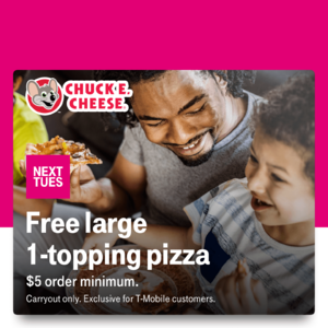T-Mobile Customers 06/09:  Free Chuck E Cheese Pizza, 20% off H&M, Lionsgate $5 2 digital HD movie, Hello Fresh $25 off per week for 3 Weeks