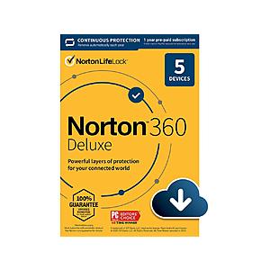 Norton 360 Deluxe 2021 - Antivirus software for 5 Devices with Auto Renewal - Includes VPN, PC Cloud Backup & Dark Web Monitoring powered by LifeLock [Download] for $21.99