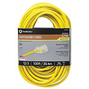 Southwire 100 Foot 15 Amp SJTW Heavy Duty Electrical Extension Cord, Yellow 12/3 $27.59 - Walmart
