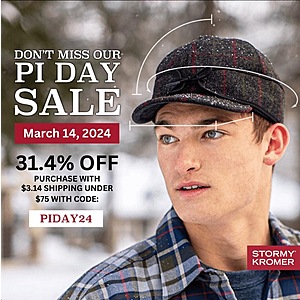 Stormy Kromer Hats and Apparel- Pi-Day Savings- 31.4% off and $3.14 shipping under $75 with code