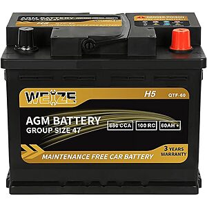 Weize Platinum AGM BCI Group 47-12v 60ah H5 Size 47 Automotive Battery $109.25 & More + Free S&H