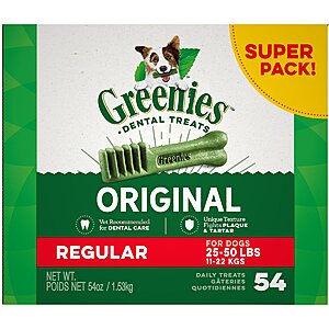 54-Count Greenies Dental Dog Treats (Regular) $12.35 + Free Shipping