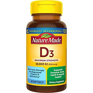 60-Count Nature Made Vitamin D3 Supplement (10,000 IU; 250mcg) $6.15 w/ S&S + Free Shipping w/ Prime or $35+