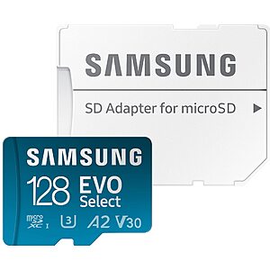 Prime Members: SAMSUNG EVO Select Micro SD-Memory-Card + Adapter, 512GB $29.99 or 128GB $9.99 microSDXC 130MB/s Full HD & 4K UHD, UHS-I, U3, A2, V30