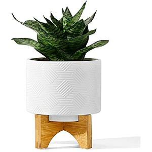 5.2 Inch or 6.1 Inch POTEY White Ceramic Planter with Wood Stand $14.94-$18.84+ Free Shipping w/Prime