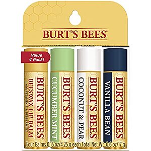 Burt's Bees Moisturizing Lip Balm, 100% Natural, Original Beeswax, Cucumber Mint, Coconut & Pear & Vanilla Bean (4 Pack) Now $6.39 @ Amazon FS w/Prime SS Eligible
