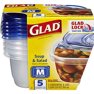 GladWare 24 Oz Food Storage Containers  Pack of 5 for Soup & Salad, Medium Size 3 Cups $3.59 Amazon
