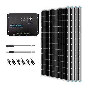 Renogy 400 Watt 12 Volt Monocrystalline Solar Panel Bundle Kit with 4 pcs 100W Panel and 30A Wanderer PWM Charge Controller for RV, Boats, Trailer, Camper, Marine, Off-Gr - $254.99