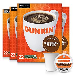 Dunkin' Orig Blend Med Roast Coffee, 88 Keurig K-Cup Pods (4-22 packs) - $23 w/ S&S 15% & 20% clipped coupon - $23.00 - Free ship w/ Prime or with $35+