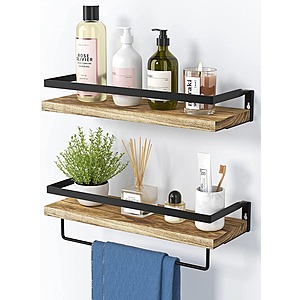 Set of 2 Amada Wood Floating Shelves w/ Metal Towel Bar in Light Brown (40lb Weight Capacity) $9.85 + Free Shipping w/ Prime or Orders $25+