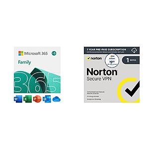 15-Month Microsoft 365 Family (6 People) + 1-Year Norton Secure VPN (1 Device) $67 (PC/Mac Digital Download)
