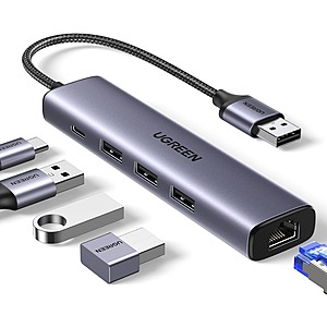 Prime Members: UGREEN 5-in-1 USB 3.0 Ethernet Hub w/ 3 x USB 3.0 Ports, Gigabit Ethernet Port, & Type C Power Port $12.05 + FS