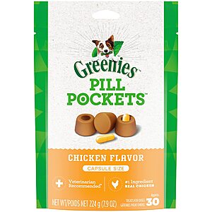 30-Count Greenies Pill Pockets Dogs Capsule Size Natural Soft Dog Treats (Chicken Flavor) $3.77 w/ S&S + Free Shipping w/ Prime or on $35+