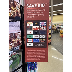Gift Card Deal: Get $10 coupon wyb $50 Select Gift Cards in-store Albertsons/Safeway/Vons (YMMV)