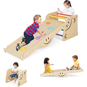 Costzon 6-in-1 Wooden Triangle Climber w/ Reversible Ramp, Seesaw & Height-Adjustable Step Stool for Ages 3+ $99 + Free Shipping