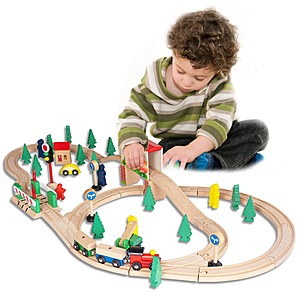FUNPENY 60-Piece Wooden Train & Track Set $15 + Free Shipping w/ Prime or on $35+ orders