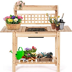 58" Solid Fir Wood Potting Bench w/ Sliding Tabletop, Removable Sink & Storage Shelves $85.79 + Free Shipping