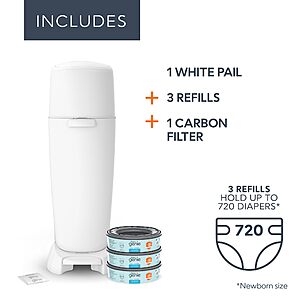 Diaper Genie Complete Diaper Pail (White) with Odor Control | Includes 1 Diaper Trash Can, 3 Refill Bags, 1 Carbon Filter $23.98