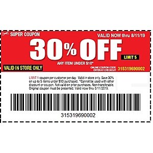 Harbor Freight 30% off Coupon for items under $10 (Up to 5 items) Now thru 8/11/19. $0.01