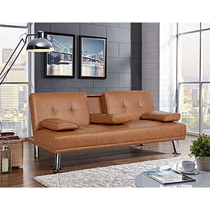 Modern Faux Leather Reclining Futon with Cupholders and Pillows For $162+ Free Shipping