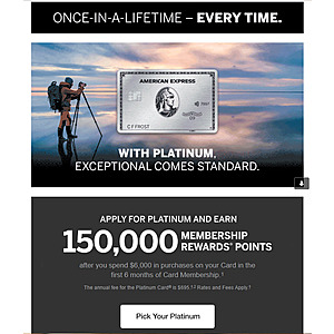 YMMV - AMEX Platinum 150,000 Membership Rewards Points $150000