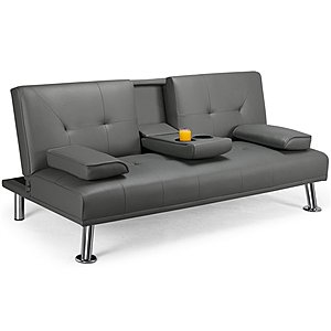 LuxuryGoods Modern PU Leather Futon w/ Cupholders & Pillows, Brown $159 + Free Shipping