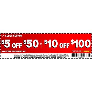 Harbor Freight Super Coupon No Item Exclusions $5 of $50 or $10 off $100