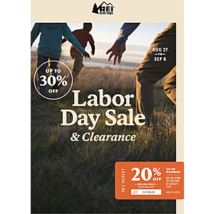 REI Labor Day 2021 20% off Outlet item 30% off REI clothing $1