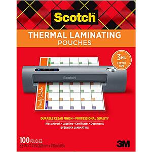 Scotch Thermal Laminating Pouches, For Use With Thermal Laminators, 8.9 x 11.4 Inches, Letter Size Sheets, 100 Count(Pack of 1) $11.25