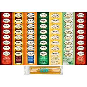 Best of Twinings, 56 Count, 7 Flavor Caffeinated and Decaffeinated Herbal & Black Tea Bag Variety with By The Cup Honey Sticks $12