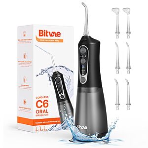 Bitvae C6 Cordless Water Dental Flosser with 6 Jet Tips, 15 Optional Modes，IPX7 Waterproof Portable , Black $29.99