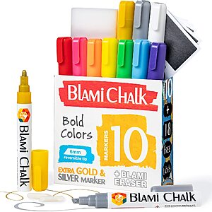 10 Pack Erasable Liquid Chalk Markers with Extra Gold and Silver Colors, 6mm Reversible Tip $6.99