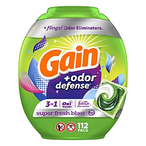 Gain Flings Laundry Detergent Pacs with Odor Defense, Super Fresh HE 3in1 Detergent Pacs with Febreze and Oxi, 112 count $21.88