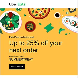 Uber Eats 25% off (up to $10) for Eats Pass subscriber, expires 12 Jul, YMMV