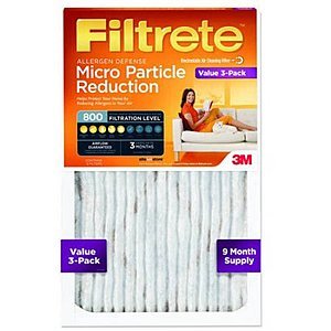 3M Filtrete Allergen Defense Micro Particle Reduction HVAC Furnace Air Filter, 800 MPR (MERV 8), Pack of 3 Filters: $15.88 (40% savings); YMMV on sizes