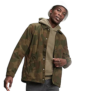 Gap Jackets: Men's Nylon Coach (camo) $15, Military $27.50, Women's Quilted Utility Belted Jacket $35 + FS on $25+