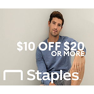 Staples $10 OFF $20+ Select In-Store Purchases Expires 4/2 [YMMV -Targeted Offer]