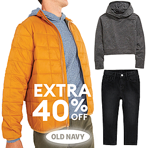 Old Navy Extra 40% off  (Valid thru Today 3/28): Toddler Jeans $4.80 | Girls' CozeCore Hoodie $6 | Men's Water-Resistant Quilted Jacket $18 + Free Pickup / FS on $30+
