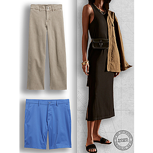 Banana Republic: Men's Shorts (Linen-Cotton or 9-in Core Temp) $17, Women's Rib-Knit Dress $17, Jeans $17 | Men's Organic Tapered Chinos $21.25 + FS from $42.50+