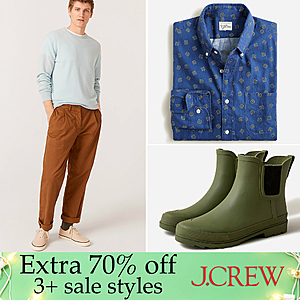J. Crew Extra 70% Off WYB 3+ Sale Styles + 15% Off | Men's Relaxed Pleated Chinos $11.50, Shirts $10.20, Nordic Shirt Jacket $38, Women's Short Rain Boots $17.85 + FS