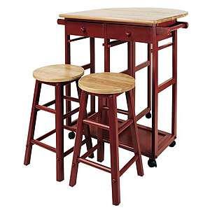 Casual Home - Breakfast Cart w/ Drop-Leaf Hardwood Top & 2 Stools, Red $90 + Free Shipping