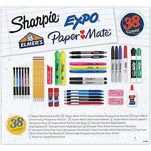 38 count School Supplies Variety Pack, Sharpie, Expo, Paper Mate, Elmer’s, Permanent Markers, Mechanical Pencils + more, $9.99, Amazon