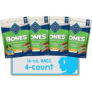 4-Pack 16oz Blue Buffalo Bones Natural Crunchy Dog Treats (Assorted Flavors) $9.12 w/ S&S + Free S&H w/ Prime or $35+