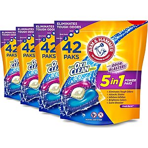 4-Pack 42-Count Arm & Hammer Plus OxiClean w/ Odor Blasters 5-in-1 Power Paks $24.35 w/ Subscribe & Save + Free S/H