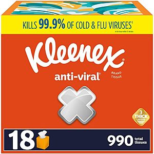 18-Pack 55-Count Kleenex Anti-Viral 3-Ply Facial Tissues + $6.50 Amazon Credit $23.85 ($1.33 each) w/ S&S + Free Shipping w/ Prime or on $35+
