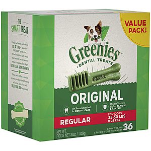 Select Amazon Accts: 36-Ct. Greenies Regular Natural Dental Dog Treats $15.30 w/ S&S + Free S/H