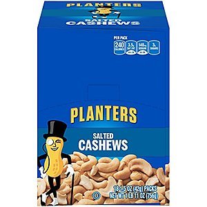 18-Pack 1.5oz. Planters Cashews Serve Bags (Salted) $9.88 AC Amazon